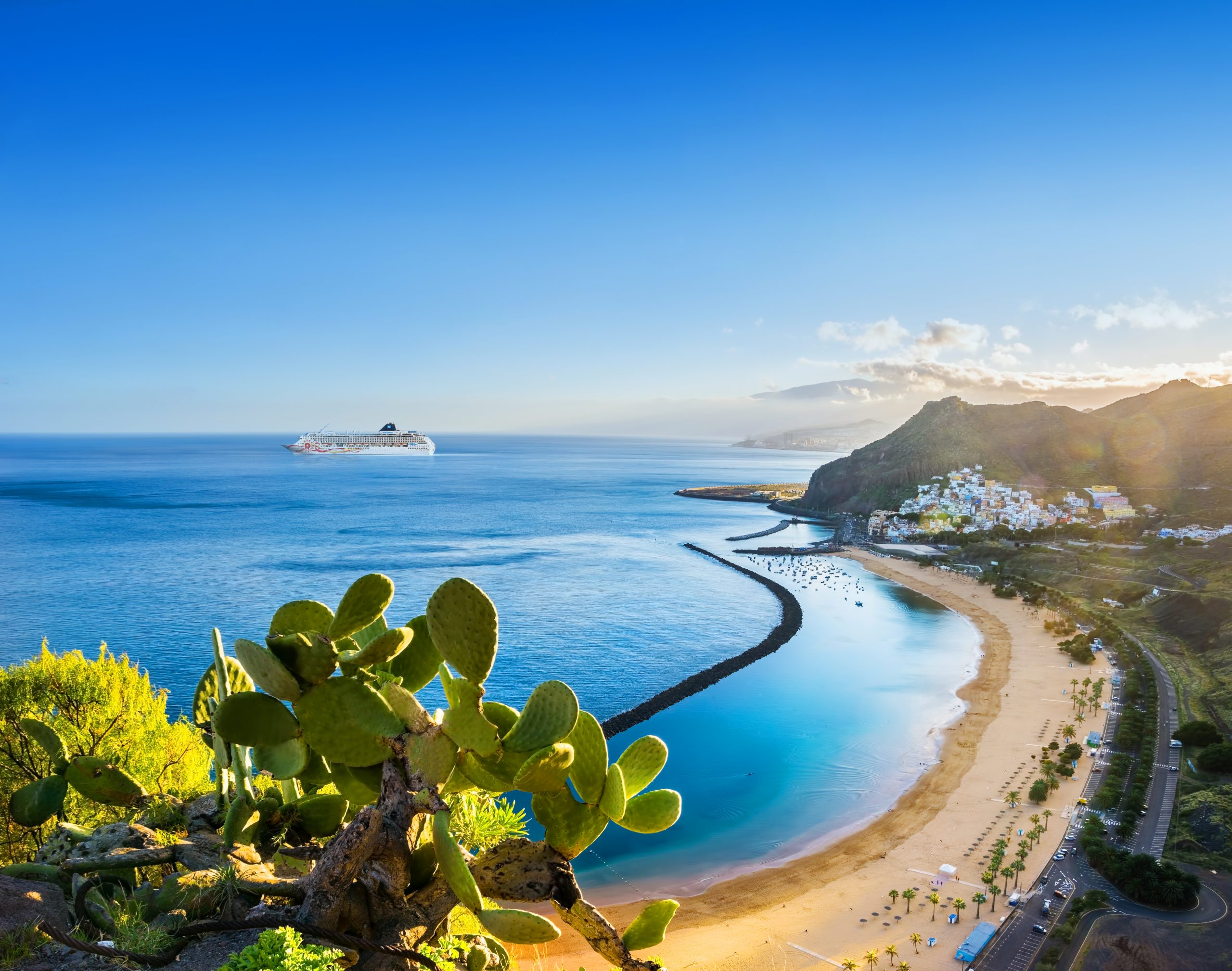 Amazing view of beach las Teresitas with yellow sand. Location: Santa Cruz de Tenerife, Tenerife, Canary Islands. Artistic picture. Beauty world.