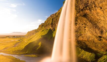 iceland, landscape, nature, water, heaven, sun, sunset, waters, waterfall, seljalandsfoss